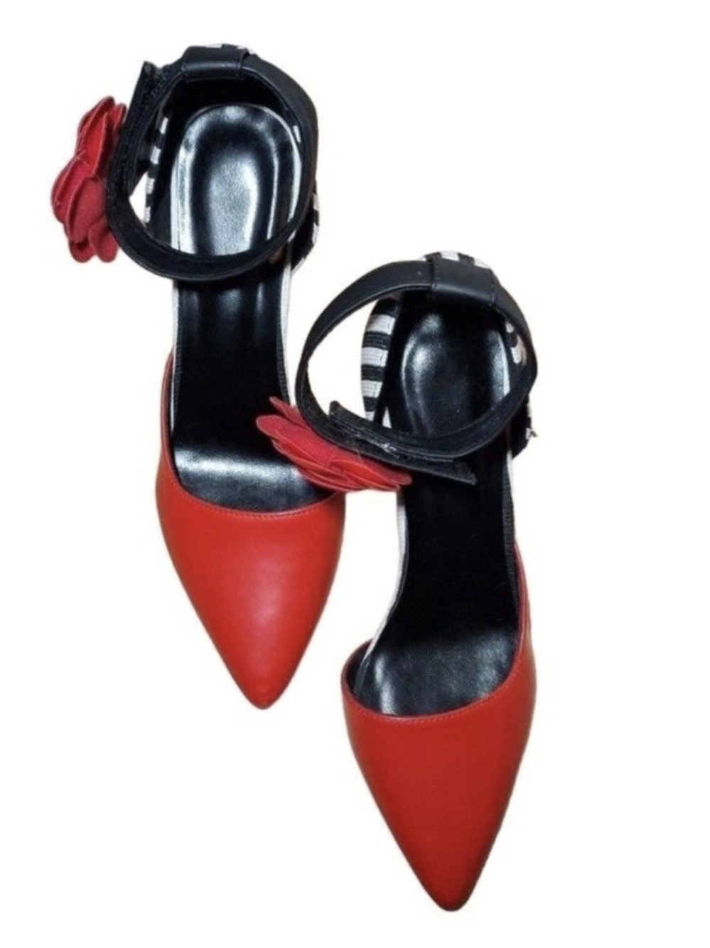 Women's Red Pointed-Toe Ankle-Strap Heels with Floral Accent